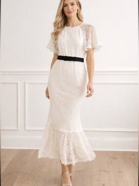 Shoshanna -Belted Bow Midi Dress in Net Dobby White